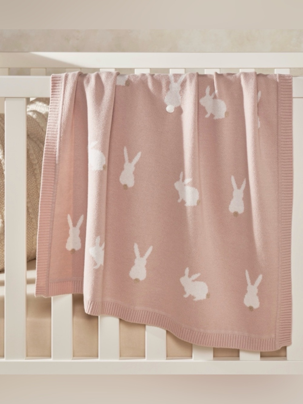 The Little White Company London Pink Cotton Bunny Intarsia Baby Blanket Precious
